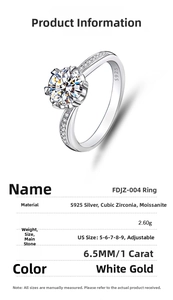Detail specifications of 1ct Moissanite ring in S925 sterling silver with size guide