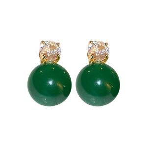 Vintage gold stud earrings with round clear zircon and green sphere gemstone dangles
