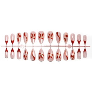 Red cat-eye press-on nails with floral pattern and tiny rhinestones in a 24-piece set