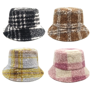 Plaid Fleece Bucket Hat Warm Winter Lamb Wool Texture Fisherman Cap Vintage Casual Outdoors Soft Thick Headwear