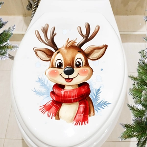 Christmas deer toilet seat sticker with red scarf on white cover and pine branches