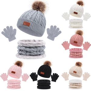 Kids Hat Scarf And Gloves Winter Warm Cable Knit Acrylic Pom Pom Beanie Neck Warmer For Toddler Boys Girls