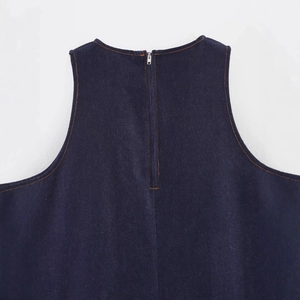 Women's crewneck denim dress in dark blue featuring a back zipper and contrast stitching
