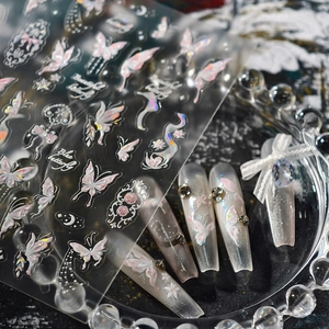 5D embossed butterfly nail stickers with holographic laser effect and lace patterns