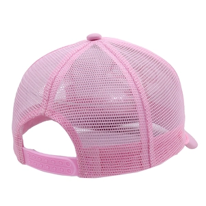 Detailed back view of pink trucker hat with breathable mesh and adjustable snapback closure