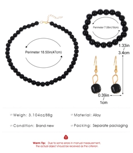 Spécifications de taille pour l'ensemble collier, bracelet et boucles en perles noires