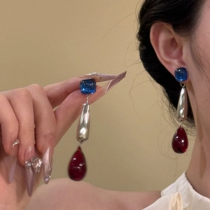 French palace style acrylic waterdrop earrings with blue square and red drop pendants