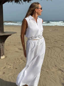 Women Top And Bottom Polyester Spandex Pleated Zipper Vest High Waist Slit Maxi Skirt Casual Beach Vacation Outfit