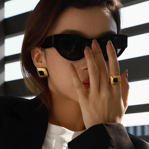 18K gold plated stainless steel geometric square earrings and ring with black resin inlay