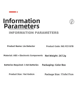 Specifications of lie detector toy made of ABS material with size 16x16x8cm and weight 267.2g