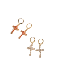 Gold cross earrings set with orange and clear cubic zirconia on 14k gold plated hoops