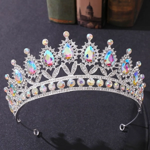 Macro detail of Baroque bridal crown with AB rainbow crystals and teardrop gems