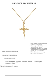 Detail of 925 sterling silver rose cross pendant with dimensions and 18k gold plating