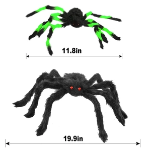 Detail view of plush Halloween spiders in 11.8 and 19.9 inch sizes with red eyes