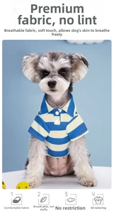 Detail of blue and white striped dog Polo shirt showing the 3D cut and breathable fabric