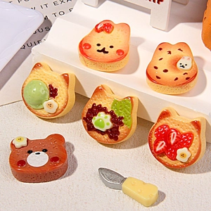 Set of 6 cute 3D resin cartoon biscuit and bread miniatures for DIY hair clips and crafts