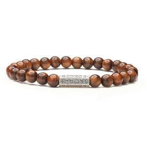 Bracelet chinois en perles de bois naturel de 6mm avec tube en argent et cordon élastique