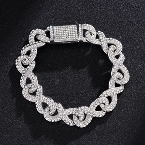 Silver iced-out Cuban chain bracelet with rhinestone pavé and square buckle clasp