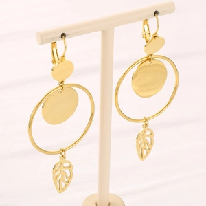 Golden titanium steel hoop earrings with layered geometric disc and leaf charms