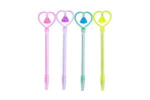 Close-up of four colorful heart pendant pens in pink, purple, green and yellow tones