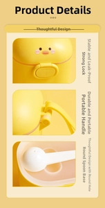 Detail view of cartoon duck milk powder box with leak-proof buckle and portable strap