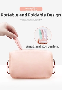 Three-piece folding eyebrow razor set being placed into a pink makeup cosmetic bag