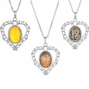 Collier Pendentif Coeur Vintage Avec Filigrane Creux En Cuivre Et Pierre Naturelle Ovale Pour Femmes Accessoire Bijoux Rétro