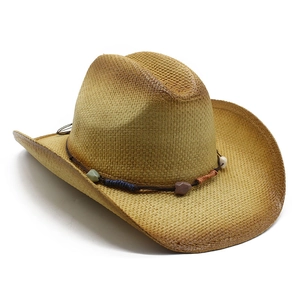 Western gradient brown straw cowboy hat with colorful beads and woven band decor