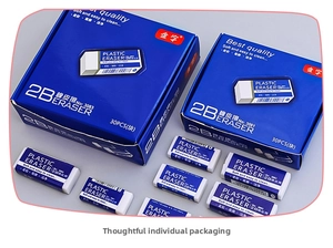 Detail view of 30-piece bulk set of white 2B erasers in a professional blue box