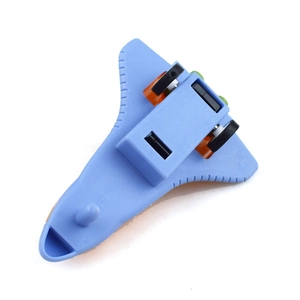 Detailed bottom view of blue toy spaceship showing wheels and durable plastic structure