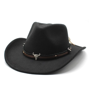 Detail of western black felt cowboy hat featuring bull skull buckle and rivet leather band