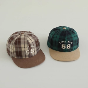 Kids Plaid Hip Hop Baseball Hat British Style Lucky Baby Embroidery Flat Brim Cotton Blend Adjustable Outdoor Sun Hat