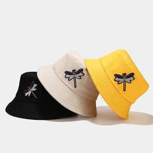 Dragonfly Embroidered Cotton Canvas Bucket Hat Sun Protection Outdoor Casual Summer Fishing Hat For Women Men