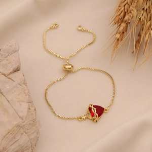 Adjustable gold heart bracelet with red stone, thorn pattern and cross pendant charm