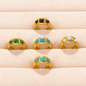 Bohemian 304 stainless steel adjustable rings with colorful gemstones and rope edge