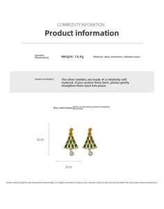 Detail of Christmas tree earrings with green crystals and white pearls, 6cm in height