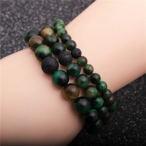 Natural Green Tiger Eye Stone Beaded Bracelet With Black Lava Volcanic Rock Elastic Handmade Jewelry For Men Women