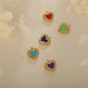 Colorful 18K gold plated heart pendants with zircon stones for DIY jewelry making
