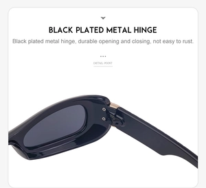 Detailed close-up of durable electroplated metal hinges on black oval sunglasses