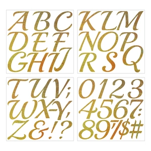 Close-up of 3-inch gold glitter alphabet and number stickers for DIY wedding party decor