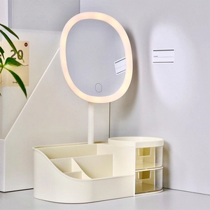 Creamy desk organizer with LED makeup mirror and transparent drawers for cosmetics