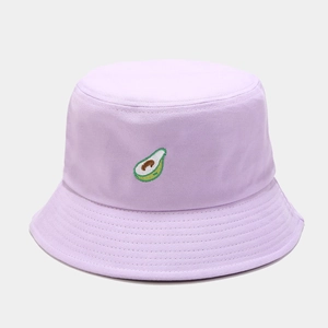 Close-up of cute avocado embroidery on light purple cotton bucket hat with stitching detail
