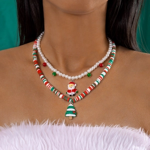 Christmas Necklace Faux Artificial Pearl Polymer Clay Double Layered Santa Tree Bell Pendants Holiday Party Jewelry For Women