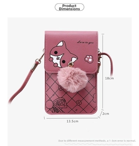 Detail showing dimensions of pink quilted mini shoulder bag with fox print and pom-pom