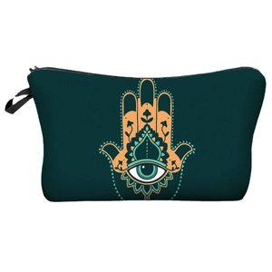 Waterproof dark green makeup bag with Hamsa Hand patterns and secure zipper closure