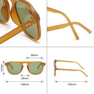 Retro amber sunglasses with green lenses shown in four detailed professional product angles