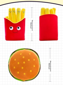 Detailed views of plush burger and french fries toys with cartoon faces and dimensions