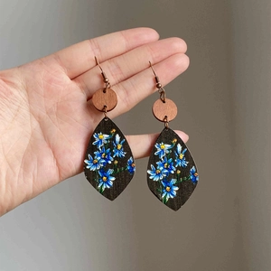 Handmade wooden teardrop earrings with blue floral painting and vintage ear hooks