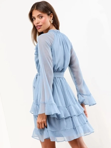Light blue V-neck chiffon dress with flared sleeves and layered ruffles on white background