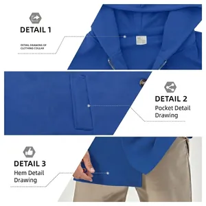 Royal blue slim fit hooded trench coat for men with drawstring collar and side pockets